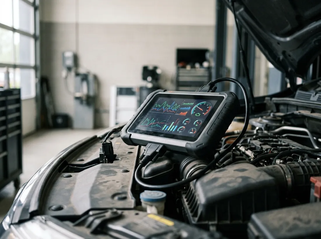 Diagnoseapparaat aangesloten op een motorruimte